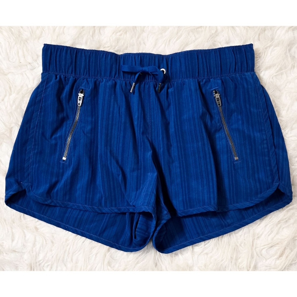 Athleta Stripe Sway Shorts Blue Drawstring Zip Pockets Workout Running Yoga